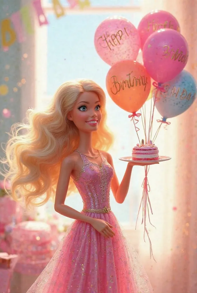 Barbie holding pastel with a candle on it in her left hand and in her right hand holding balloons that inside is written happy birthday 