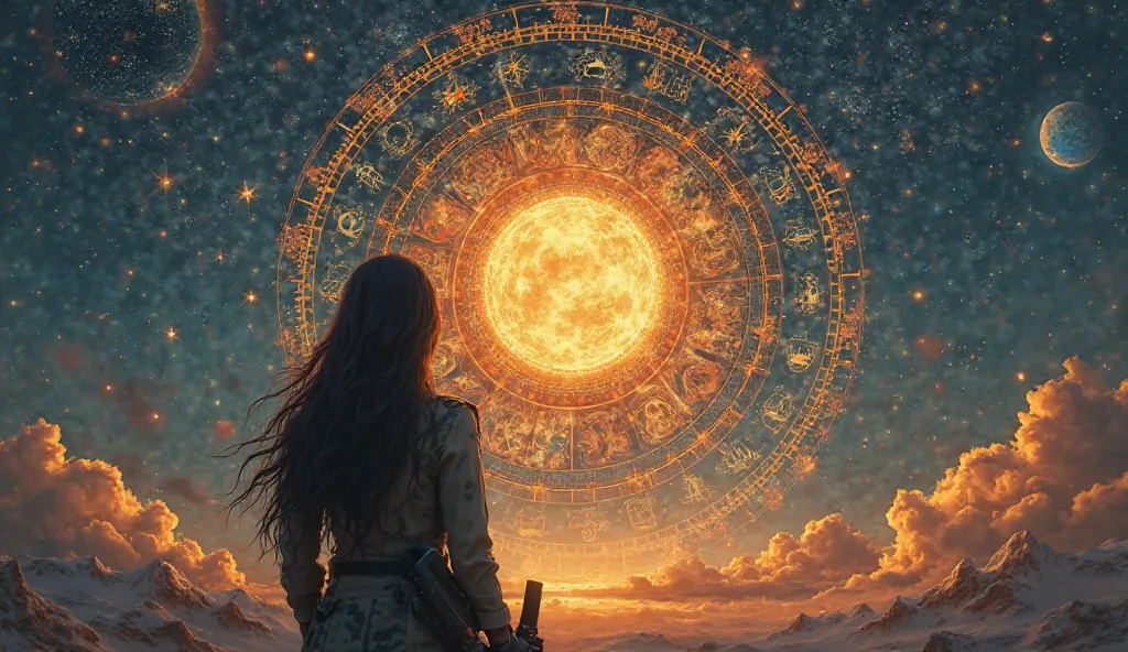 YouTube video cover, mapa astral, Astrological New Year,  high contrast,  Cinematographic , high resolution, woman looking at the zodiac in the sky, zodiac wheel showing the Sun in the sign of Aries, From the point of view of the Earth, woman with long dar...