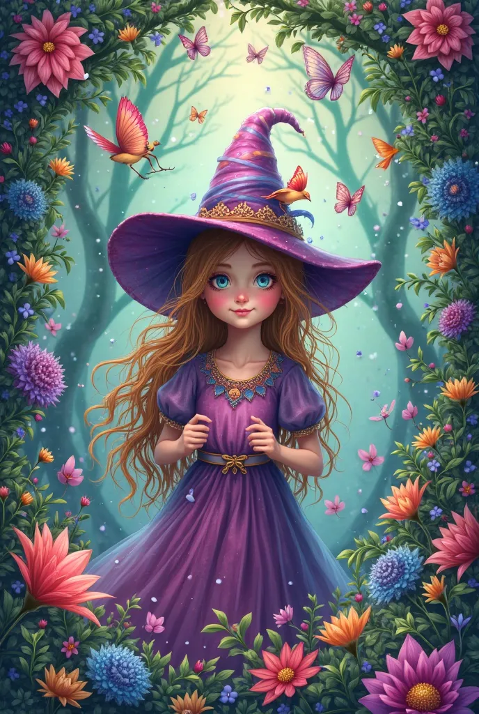 cover for a ren's book about a witch girl full of colors animals flowers 