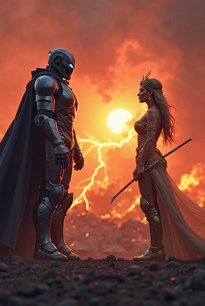 "Crimson dawn lights up the battlefield while two Titans face off at the epicenter of a smoking crater.  on the left, The Dark Iron Knight stands tall, his black-metallic armor shining with blue lights, the cloak fluttering violently while her eyes shine w...