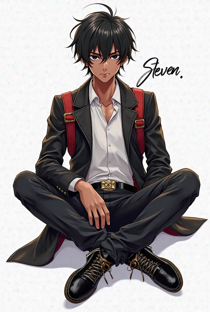 Generate an image of a Shiny anime-style male character, the following characteristics: each day he was a black movie with an elegant book cut at the same time a little wild, he has square black lenses, his dark skin tone has black eyebrows and black eyela...