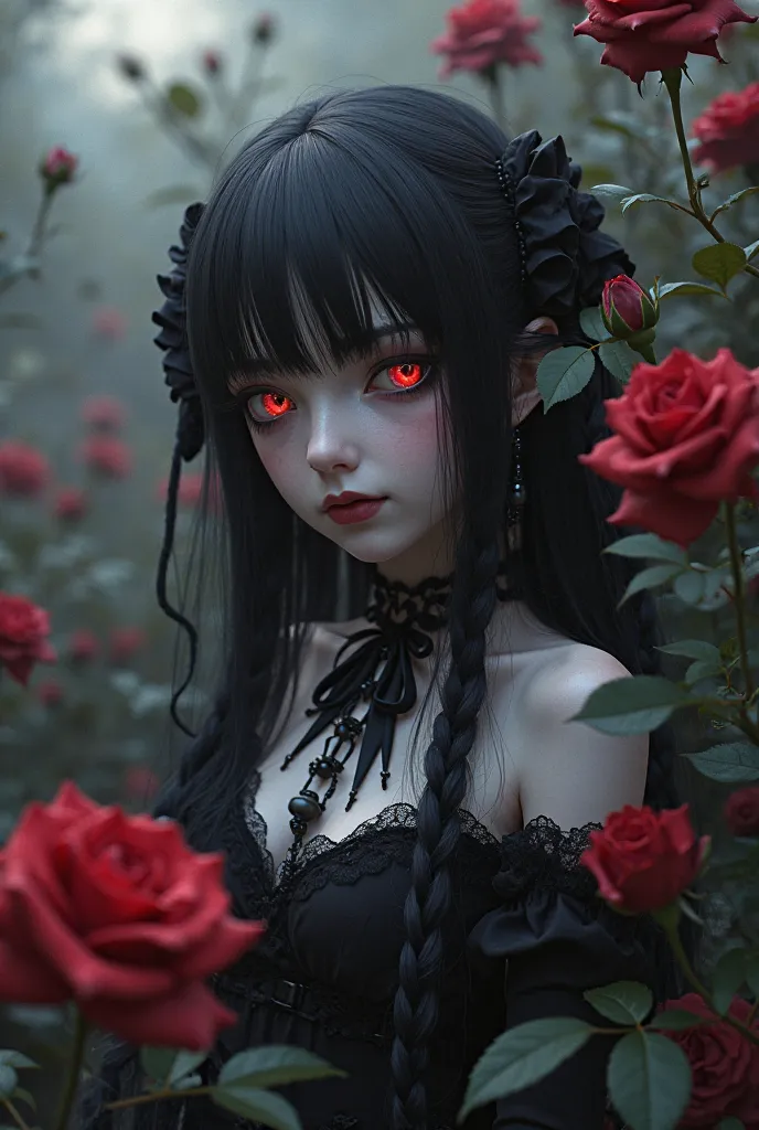 Kasane Teto's vocaloid in a dark gothic doll image in a rose garden at dusk