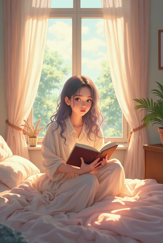 Young adult female anime style white reading a book in her bedroom with a window in her bedroom