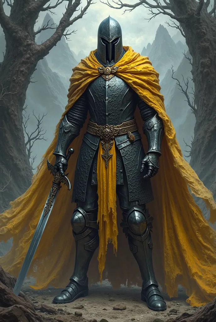 create,dark fantasty knight with dark sword and golden cape