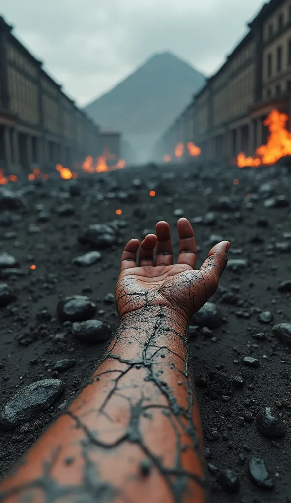 "A first-person perspective from ground level in the aftermath of Mount Vesuvius' eruption. The viewer is lying on the ground, their burned and ash-covered arm stretched out in front of them, motionless. The skin is severely damaged—charred, cracked, and c...