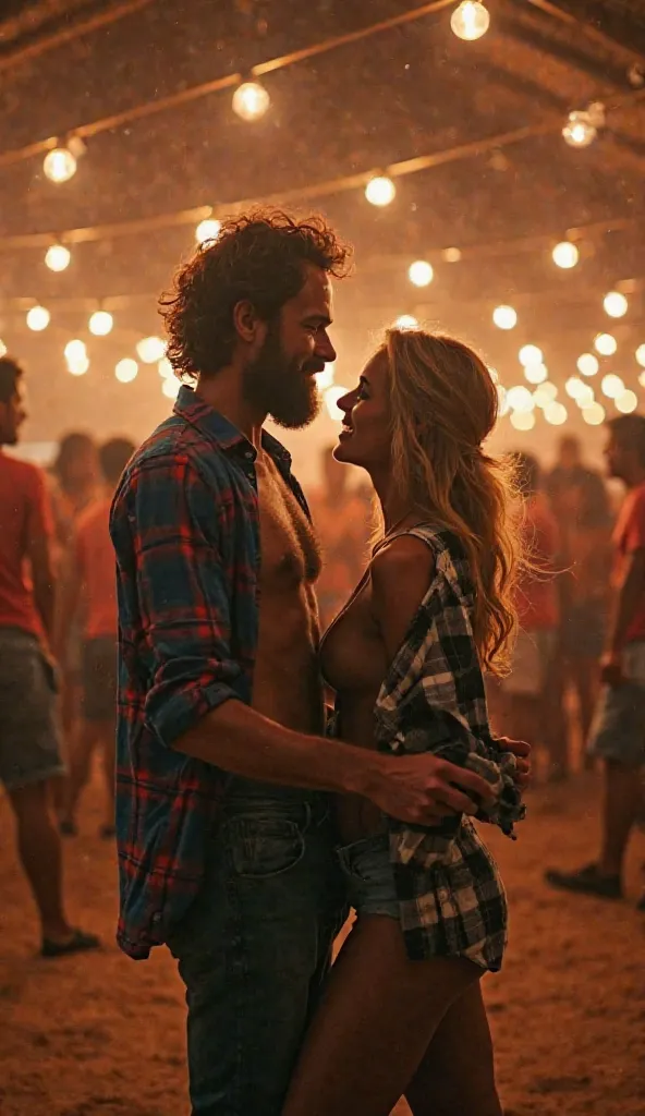 Montage: couple dancing in a party barn in the Pantanal, dirt floor, string lights, 28-year-old man with scruffy beard, blue and red plaid shirt open, tanned chest, 29-year-old blonde woman with black and white plaid shirt tied up, defined curves, warm and...