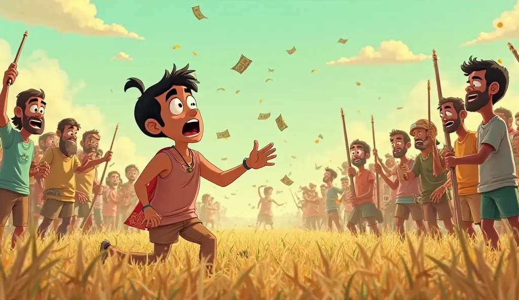 Every image consistent character cartoon style : As Shankar grabs the money, the villagers suddenly jump out from behind, surrounding him with ropes and sticks. Shankar looks shocked, trying to escape but failing. The scene is set in an open field with bri...