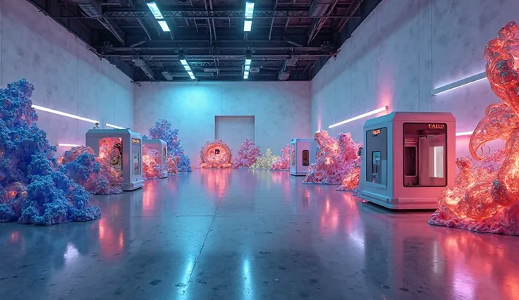 Image of a futuristic environment with working 3D printers, creating complex and brilliant objects. Soft and colorful lights illuminate the machines and products. An atmosphere of innovation and hope.