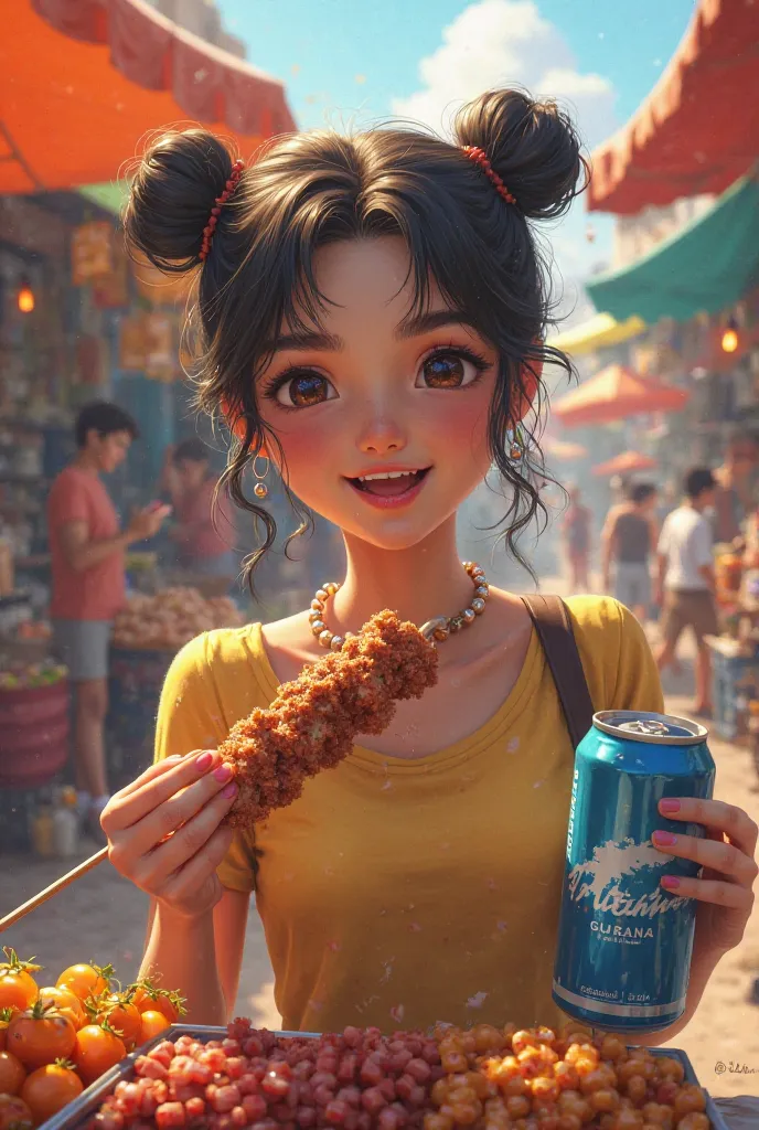 Woman with hair tied on both sides holding a meat kebab and a can of Antarctic Guarana smiling at an open market