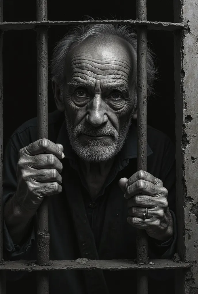 older man looking out behind the bars of a window in his cell like a black bird flies