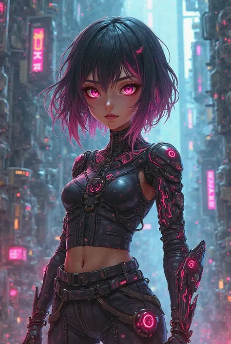 a necromancer girl with technological powers with a technological arm with black and pink hair