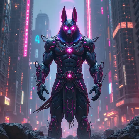 Muscular god Anubis wearing sunglasses and neon light armor posing for a photo with a landscape of buildings with neon light