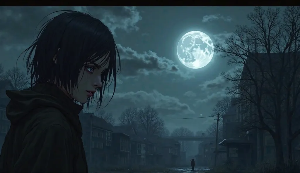 in a small town a terrifying scene in anime style, dark and creepy environment, A small town , main character is a terrifying figure detailed details of the face,   dark trees ,  cloudy sky , dramatic moon lighting, fog and shadow effects, somber color pal...