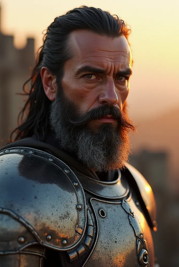 ( masterpiece), (  is extremely complicated :1.3), (  realistic ), portrait of a man,  The most beautiful in the world  ,  black hair gray beard  ( medieval armor ),  metallic reflections ,   upper body ,   outdoor,   intense sunlight  , distant castle,  d...