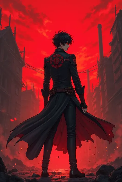 "A young male character, Ryouma Kuroshiki, around 18 years old, with messy black hair and a few red streaks. His eyes glow in an intense red hue, signifying the activation of his power. He wears a long black coat with red details and a mysterious symbol on...