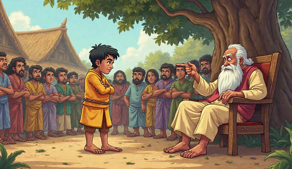 Every image consistent character cartoon style : Shankar stands tied to a tree in the middle of the village square, looking guilty and afraid. The village head, an old man with a long white beard, sits on a wooden chair, pointing at him while lecturing abo...