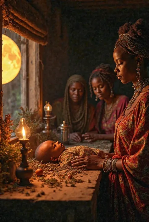 Dans une petite maternité africaine, sous la lumière tamisée des lampes à huile, une femme épuisée est allongée, entourée de sages-femmes en tenue traditionnelle. Une vieille femme mystérieuse, au regard perçant et à la peau marquée par le temps, veille si...