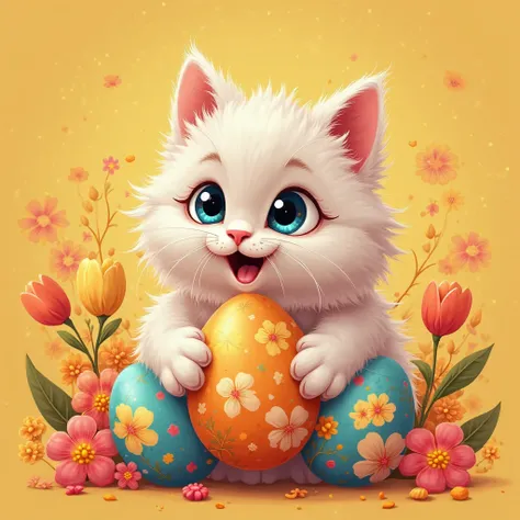 Funny Persian cat playing with colorful Nowruz eggs, spring flowers background, vibrant colors (yellow #F8E1A1, orange #F4A261), ultra-high-quality PNG with transparent background, 300 DPI, 3000x1500 pixels, wraparound design for mug print, bold and simple...