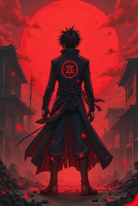 "A young male character, Ryouma Kuroshiki, around 18 years old, with messy black hair and a few red streaks. His eyes glow in an intense red hue, signifying the activation of his power. He wears a long black coat with red details and a mysterious symbol on...