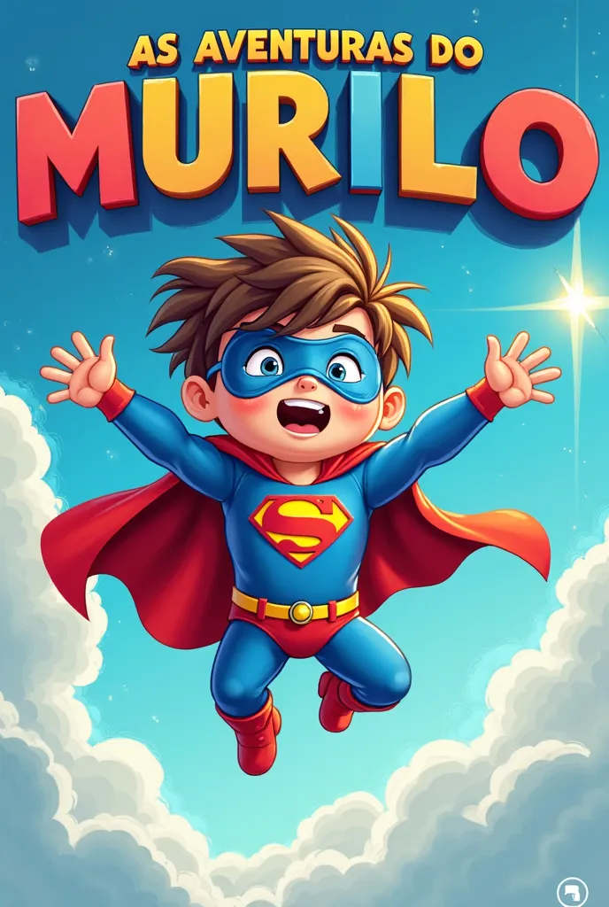  comic book cover art  , bright and colorful style. Um menino de 4 anos chamado mURILO vestindo fantasia de super-herói com capa azul e letra "m" yellow on the chest, blue mask, leaping through the air with arms outstretched like Superman. Cheerful and det...