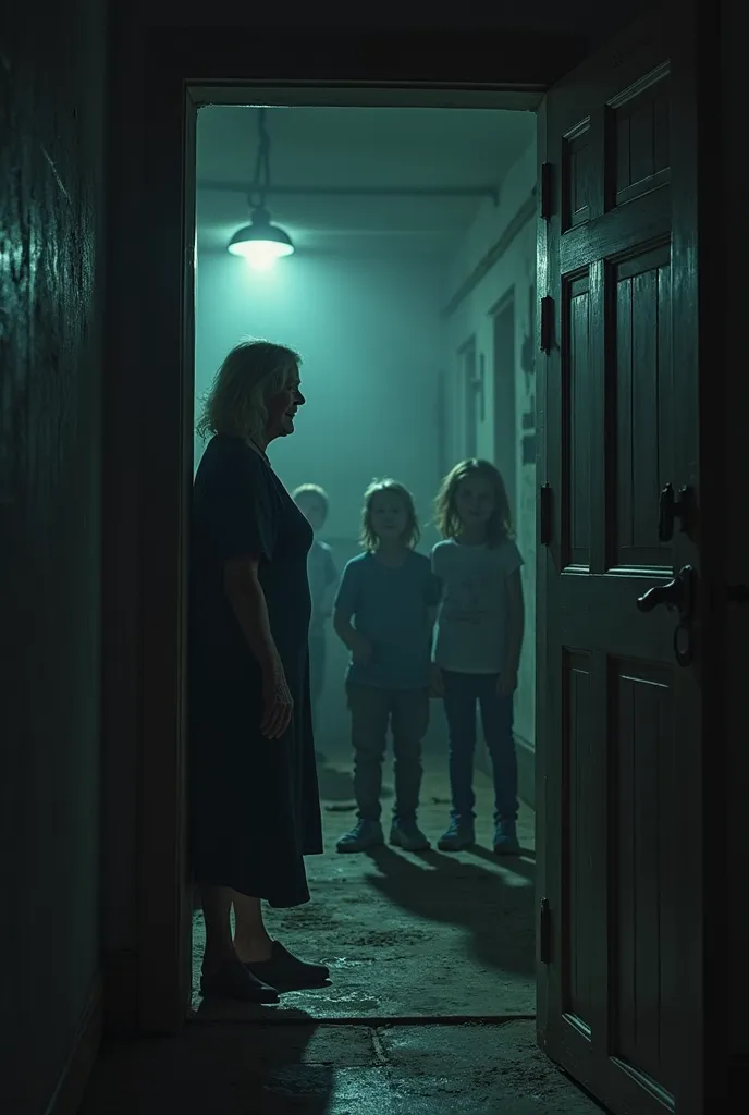 The door of a simple house is half open, , revealing the curved silhouette of an elderly woman with an ominous smile. inside, three ladies and a boy look terrified at the unexpected visitor.  The environment is illuminated by a faint light .  