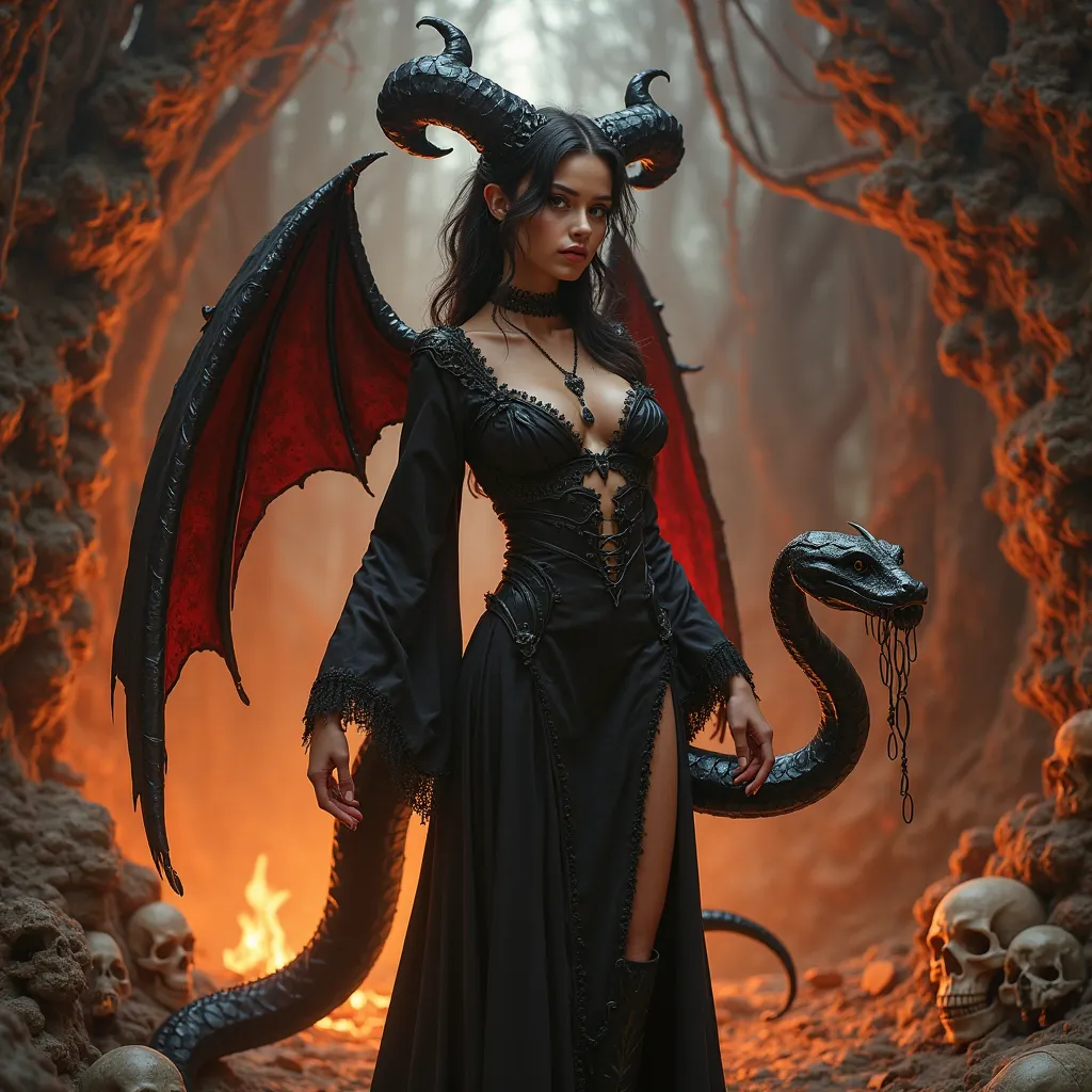 Une diablesse brune sexy en robe, des cornes et des ailes noires. Elle tient une épée des deux mains. Elle est dans un decor en feu, avec de la roche et des têtes de morts partout. Il y a un serpent geant.