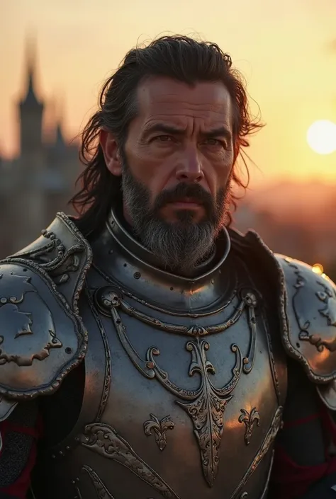 ( masterpiece), (  is extremely complicated :1.3), (  realistic ), portrait of a man,  The most beautiful in the world  ,  black hair gray beard ( medieval armor ),  metallic reflections ,   upper body ,   outdoor,   intense sunlight  , distant castle,  de...