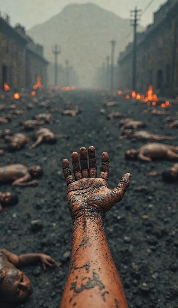 "A first-person perspective from ground level in the aftermath of Mount Vesuvius' eruption. The viewer is lying on the ground, their burned and ash-covered arm stretched out in front of them, motionless. The skin is severely damaged—charred, cracked, and c...