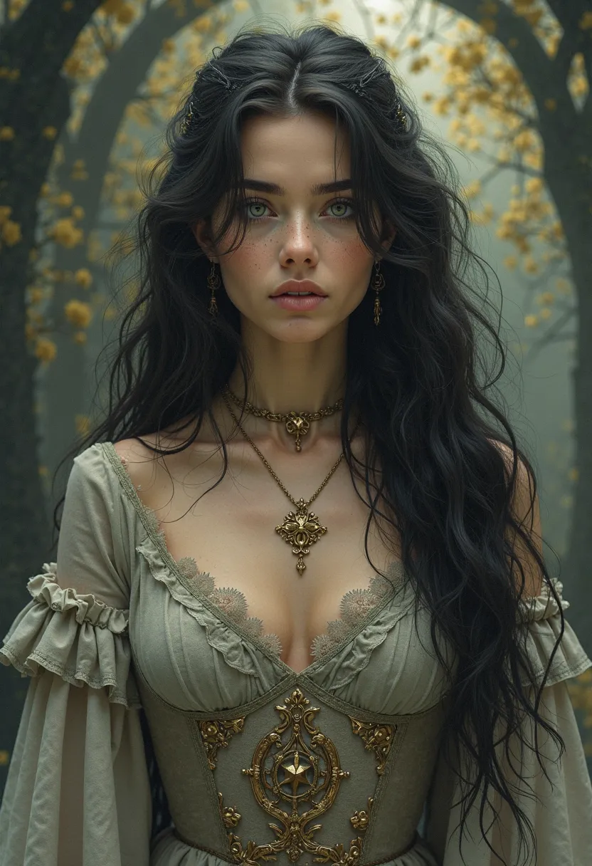 Woman of the Age of Aquarius dark hair and body size m wearing medieval dress that represents balance in the balance so that Love and Strength taking into account the gnostic culture