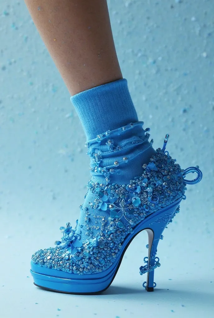 shoes session, photo on the foot with sprinted sock, blue Moschino haute couture look , strange and oryginal 