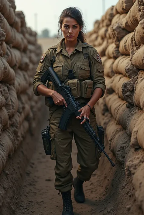 An anonymous female soldier in a tactical uniform in a trench,posing with an AK74m,Realistic image 