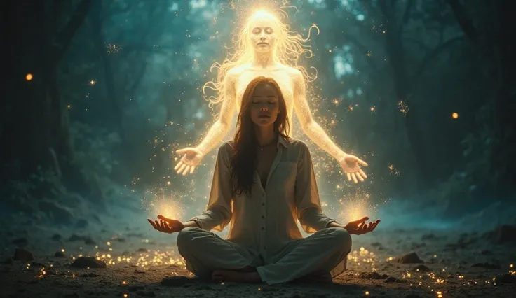 "Cinematic film still of a person in deep meditation, seated cross-legged in a dimly lit, sacred space. Their eyes are closed, and their face is calm, illuminated by a soft, otherworldly glow that seems to emanate from within. Above them, a luminous, ether...