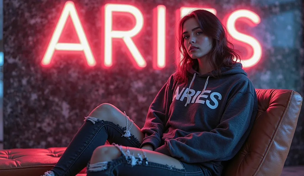  A beautiful big sexy  Arabian gir big breast sitting oon gmae chair  wearing a dark grey hoodie with the inscription "ARIES" dan short ripped JEANS hitam rambut panjang  , sepatu kets putih.  In the background there is the word  "ARIES"  of transparent gl...