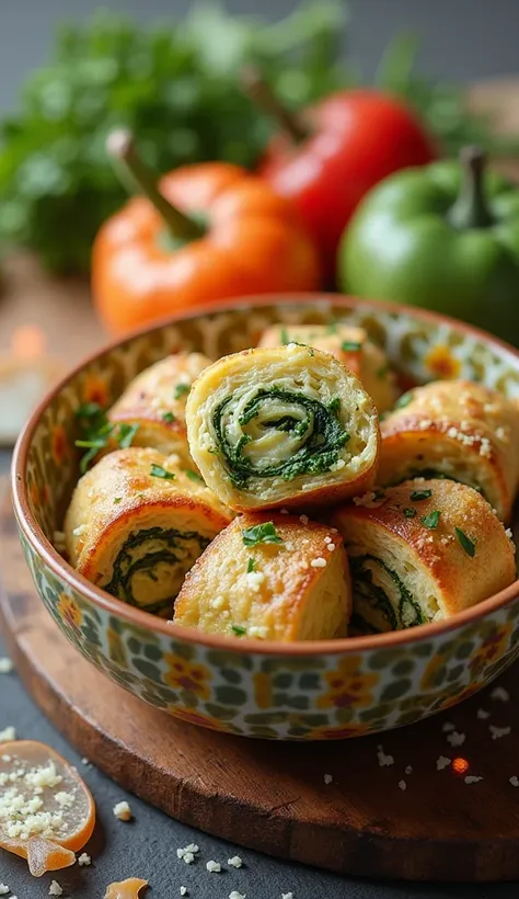 Hgraphic elements, Dynamic Light, Cinematics, HDR, UHD, professional PHOTOGRAPH OF:

Vibrant Flavor Explosion: Showcase the Cheesy Spinach Rolls styled in a colorful bowl, filled to the brim and drizzled with a smooth sauce. Surround the bowl with fresh se...