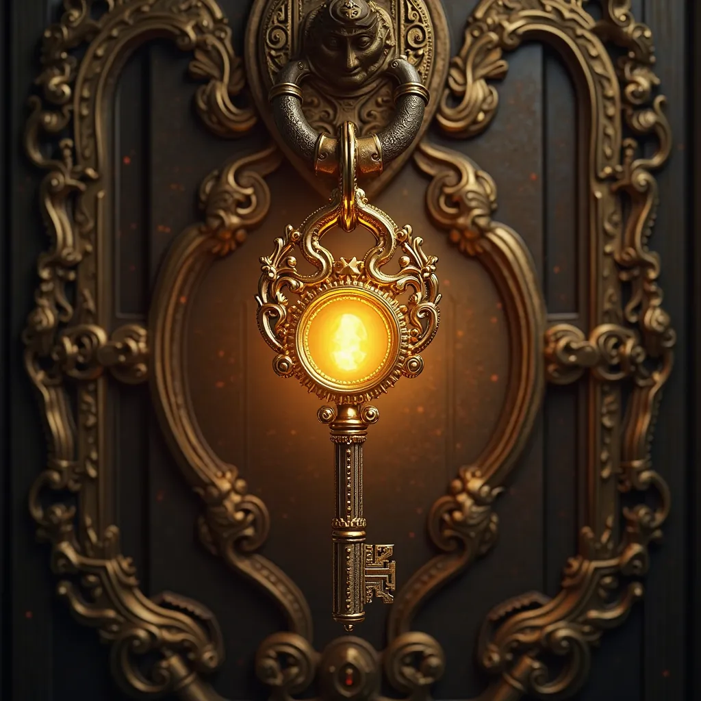 A beautiful key is embedded in the lock of a door, fine, golden and illuminated, The one that hangs on a keychain with hundreds of more and smaller steel keys