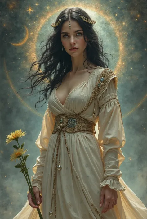 Full body woman of the Age of Aquarius dark hair and body size m wearing medieval dress that represents balance in the balance so that Love and Strength taking into account the gnostic culture