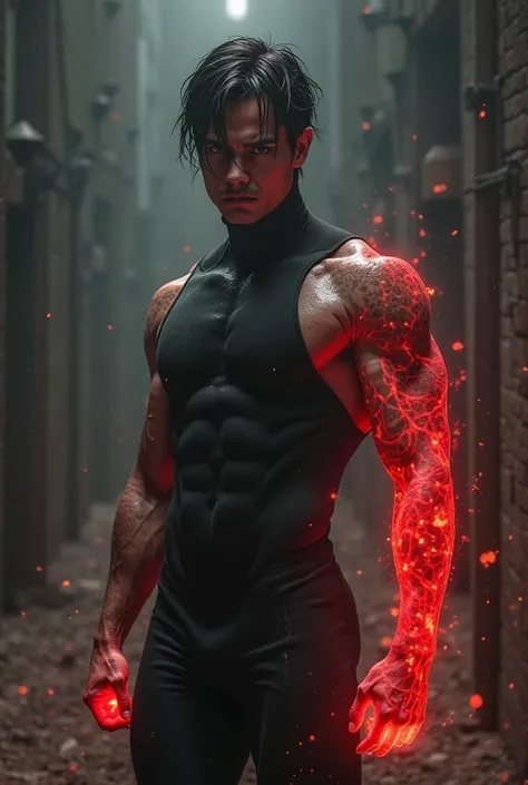 Create a serious character with black clothes that half his arm is red and has a dragon ball-style body