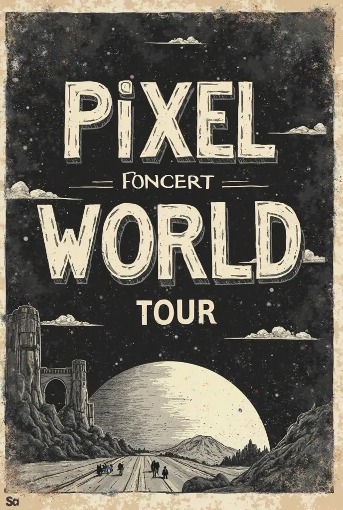 Create a cover for a concert tour that reads "Pixel World Tour 1971" This image is in black and white because this photo is from 1971 and the photo is old