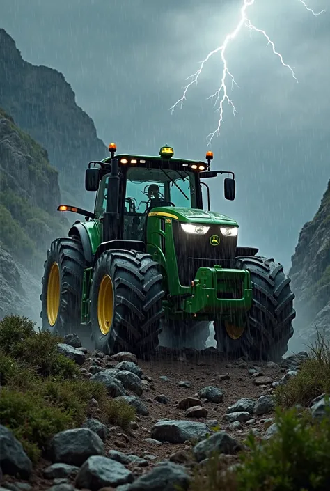 John Deere tractor on top of a mountain with lightning rain with LED headlights at night 