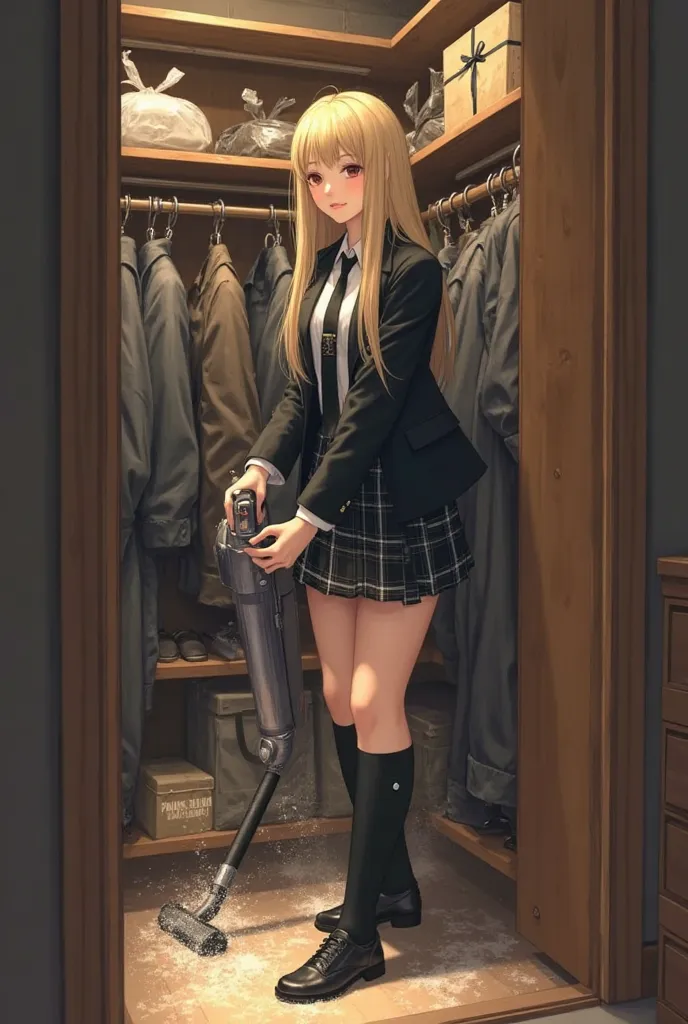 a 16-year-old girl with long and straight blonde hair, average height  , thin ,dressed in a school uniform consisting of an elegant black jacket, a well-knotted black tie
 And a white shirt and a plaid mini skirt . wears long veiled socks and formal black ...