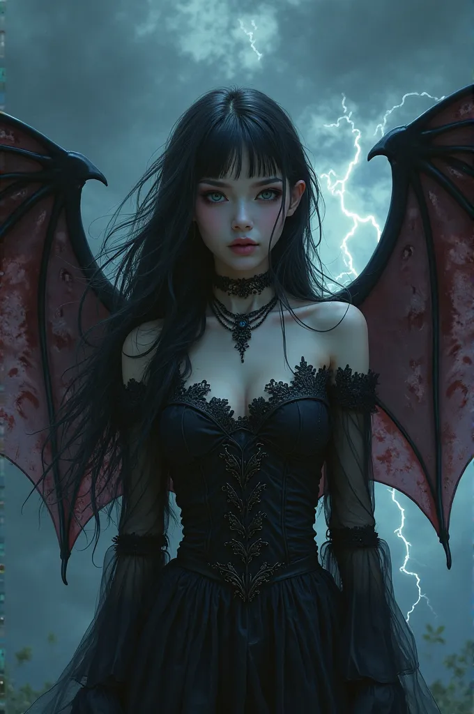 gothic anime girl with bat wings, with dark gothic sky