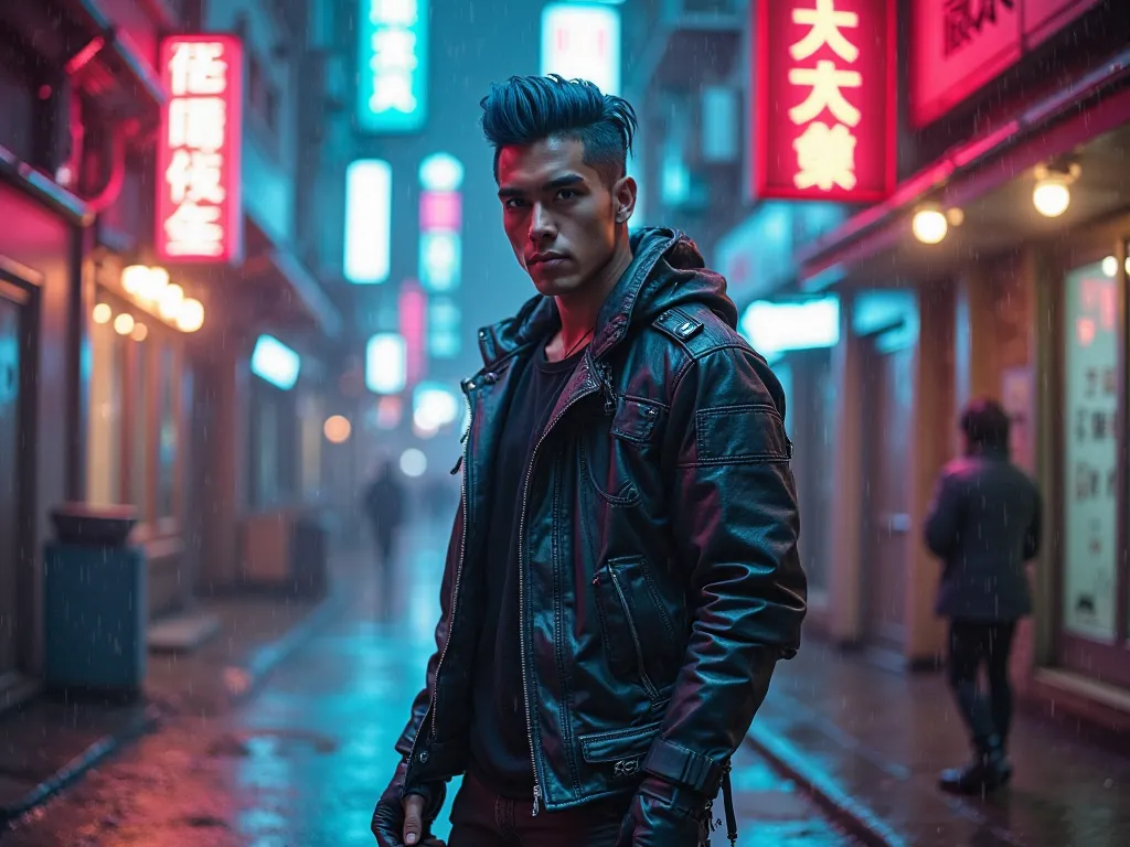 Futuristic cyberpunk portrait. Perfect photography. A 28-year-old Asian man with slicked-back blue-dyed hair and cybernetic implants on his temple stands in a neon-lit city street. He is wearing a black leather jacket with glowing blue accents, dark cargo ...