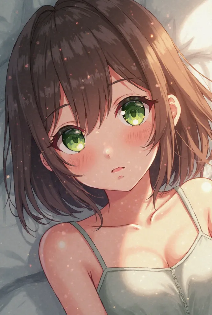  Anime girl, lies with green eyes,brown hair with neckline and bangs