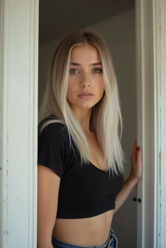 A young woman with mid-back lenght white bleached brown straight hair wearing a black crop top, posing in a door with a plain background, studio lightingSidelocks, 