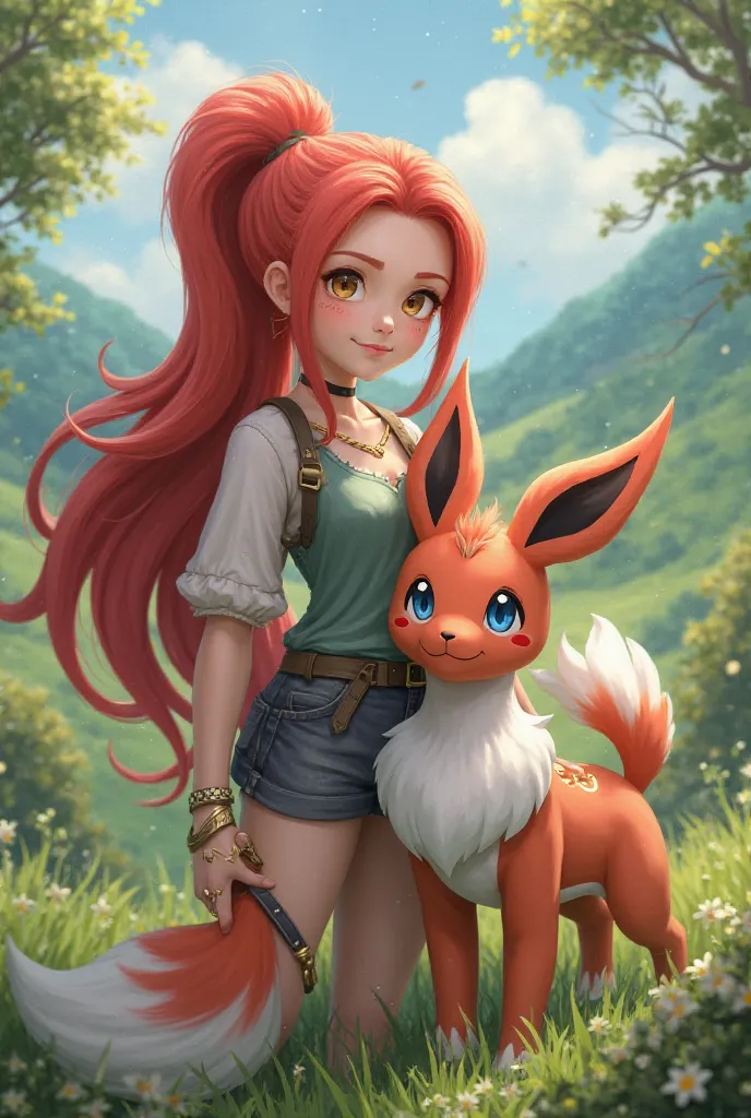 Long red-haired girl Pokémon trainer with Sylveon