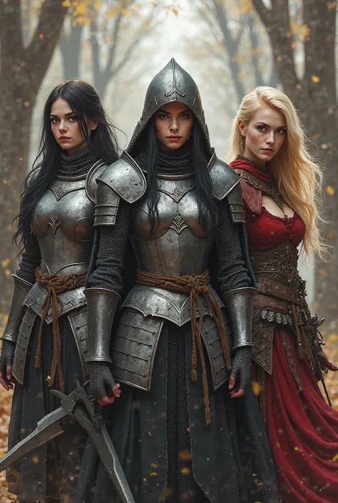 realistic image quality, group of 3 women, The image shows three women, A woman knight in armor black hair with sword and shield, The other woman is an archer with a long bow, accessories, two daggers at the waist and a hood., And the third and last woman,...