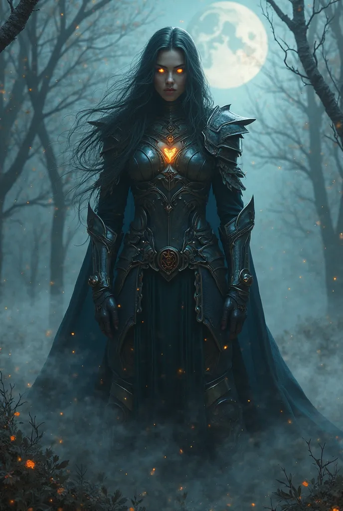  night elf , (( Masterpiece , better quality)), full body view,  extremely detailed digital painting , cinematic lighting, mystical atmosphere, elegant posture, long hair, glowing eyes,  intricate armor , fantasy landscape , dramatic landscape , gloomy col...