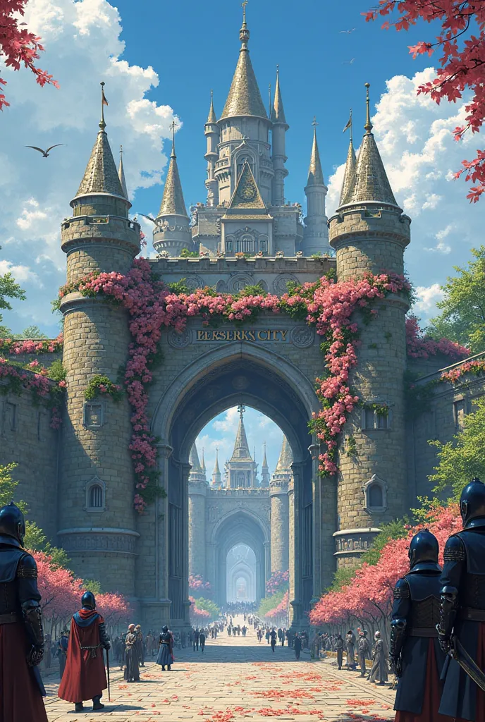 a large castle covered in flowers with the words Berserk's city written on its gate.

dazzling soldiers in armor in front of it