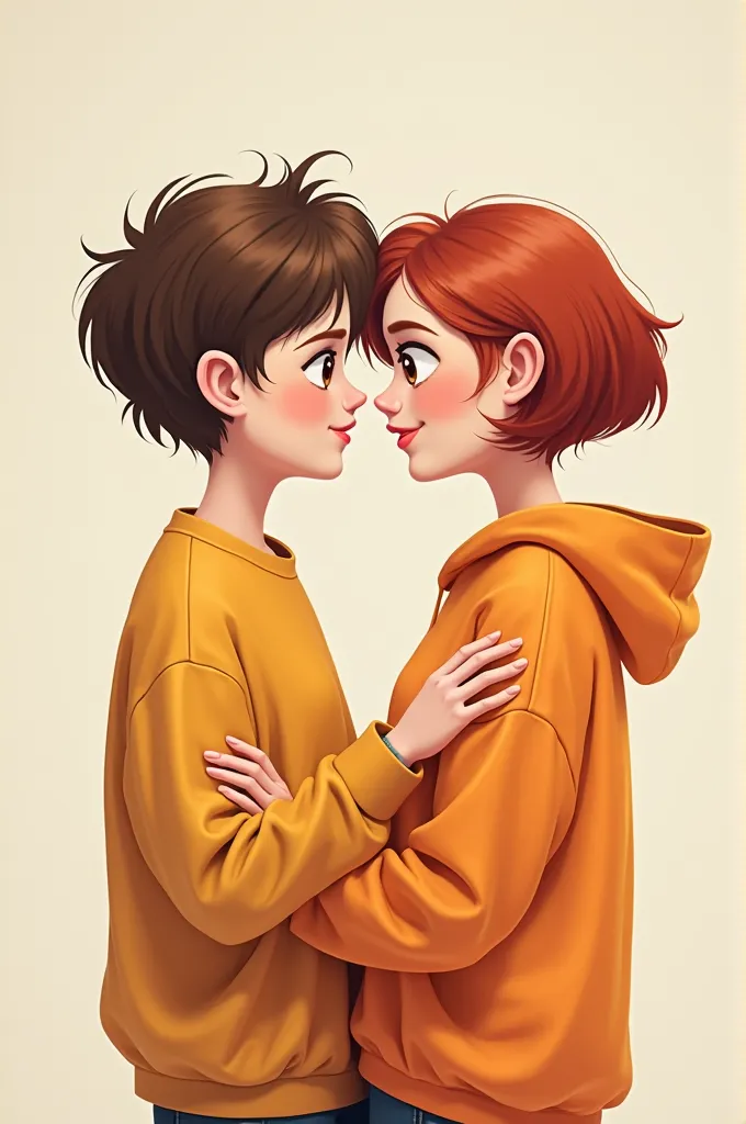 Une image de dessin animé d'un couple avec un femme, peau claire, au cheveux court d'un côté et très court de l'autre, châtain au mèche rouge, au yeux marron, avec un sweat orange