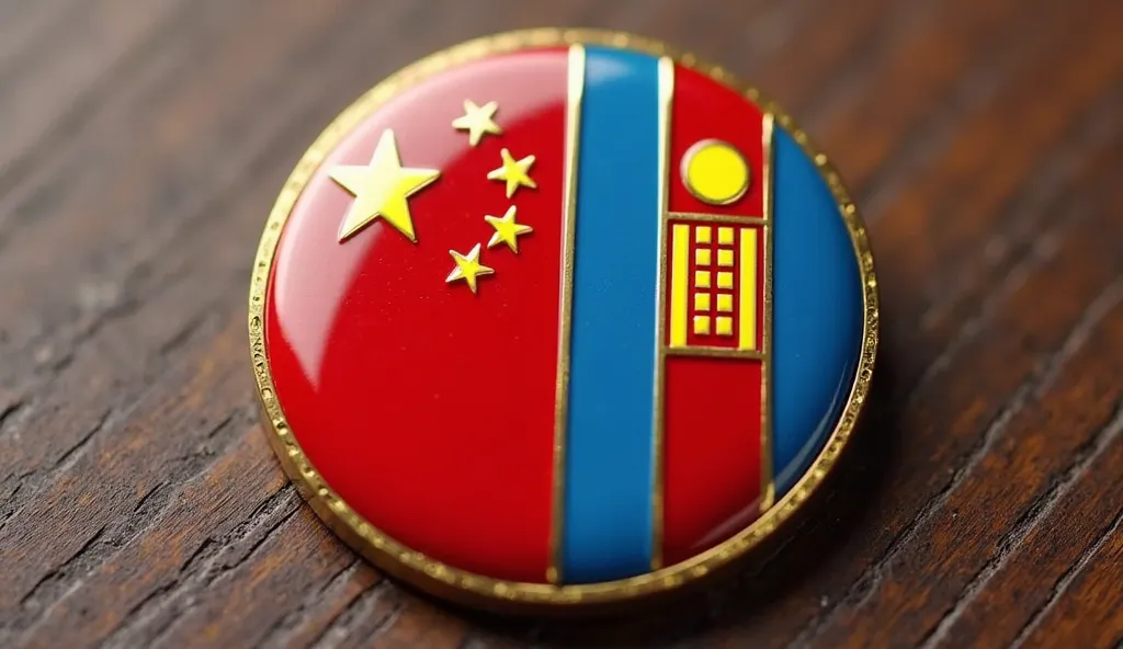 "A high-quality circular badge combining the flags of China and Mongolia in a clean and symmetrical design, without any text. The left half of the badge features the Chinese flag with a vibrant red background, a large yellow star, and four smaller yellow s...